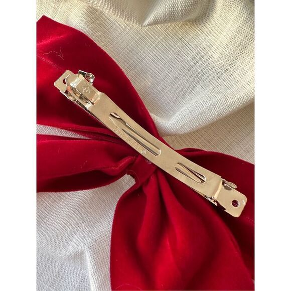 Christmas red pearl button hair bow with rhinestone accents. French clip close. - Picture 4 of 4